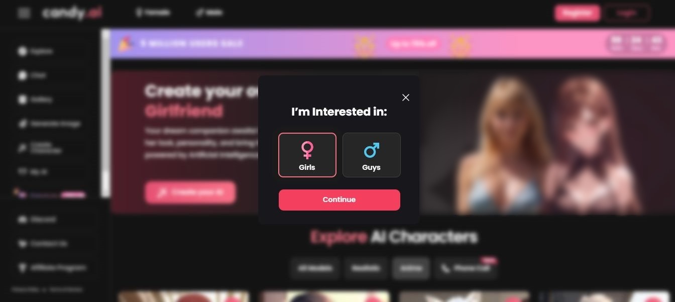 Screenshot showing gender choice on Candy ai site